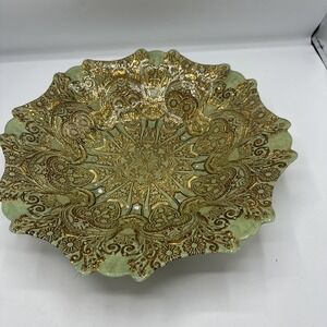 Reverse Painted‎ 8" Bowl Green/gold With Silver Bottom